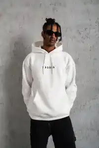 Erkek 3 İplik Pamuklu Kapüşonlu Baskılı Cepli Oversize Sweatshirt Hoodie - Beyaz