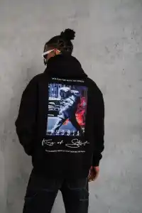 Erkek 3 İplik Pamuklu Kapüşonlu Baskılı Cepli Oversize Sweatshirt Hoodie - Siyah
