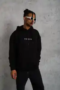 Erkek 3 İplik Pamuklu Kapüşonlu Baskılı Cepli Oversize Sweatshirt Hoodie - Siyah