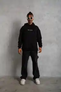 Erkek 3 İplik Pamuklu Kapüşonlu Baskılı Cepli Oversize Sweatshirt Hoodie - Siyah