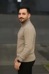 Erkek Tam Boğazlı Balıkçı Yaka Triko Kazak Kalın Fitilli - Bej