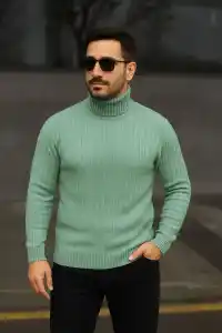 Erkek Tam Boğazlı Balıkçı Yaka Triko Kazak Kalın Fitilli - Mint Yeşili