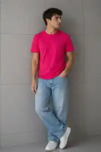 Erkek Basic Pamuklu Tişört Bisiklet Yaka Düz Renk Regular Fit T-Shirt - Fuşya