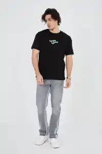 Erkek Baskılı T-Shirt Kısa Kol Bisiklet Yaka Regular Fit Rahat Kalıp Günlük Tişört - Siyah
