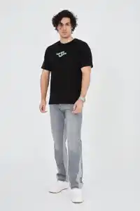 Erkek Baskılı T-Shirt Kısa Kol Bisiklet Yaka Regular Fit Rahat Kalıp Günlük Tişört - Siyah