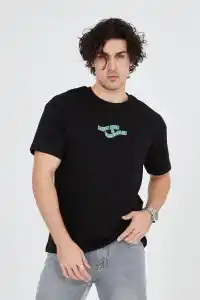Erkek Baskılı T-Shirt Kısa Kol Bisiklet Yaka Regular Fit Rahat Kalıp Günlük Tişört - Siyah