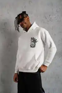 Erkek 3 İplik Pamuklu Kapüşonlu Baskılı Cepli Oversize Sweatshirt Hoodie - Beyaz