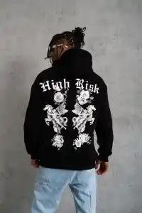 Erkek 3 İplik Pamuklu Kapüşonlu Baskılı Cepli Oversize Sweatshirt Hoodie - Siyah