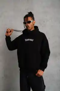 Erkek Baskılı Kapüşonlu 3 iplik pamuklu hoodie Sweatshirt - Siyah