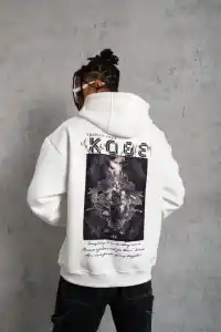 Erkek 3 İplik Pamuklu Kapüşonlu Baskılı Cepli Oversize Sweatshirt Hoodie - Beyaz