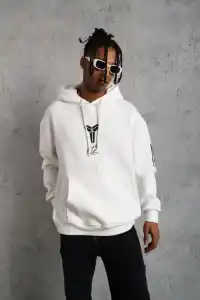 Erkek 3 İplik Pamuklu Kapüşonlu Baskılı Cepli Oversize Sweatshirt Hoodie - Beyaz