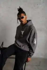 Erkek Baskılı Kapüşonlu 3 iplik pamuklu Hoodie Sweatshirt - Gri