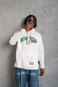 Erkek 3 İplik Pamuklu Kapüşonlu Baskılı Cepli Oversize Sweatshirt Hoodie - Beyaz