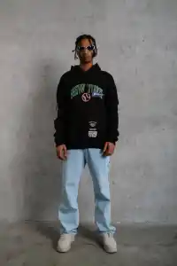 Erkek 3 İplik Pamuklu Kapüşonlu Baskılı Cepli Oversize Sweatshirt Hoodie - Siyah