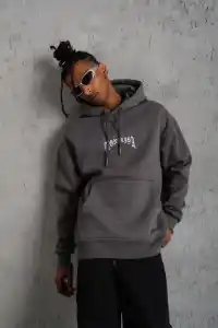 Erkek 3 İplik Pamuklu Kapüşonlu Baskılı Cepli Oversize Sweatshirt Hoodie - Gri