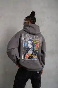 Erkek 3 İplik Pamuklu Kapüşonlu Baskılı Cepli Oversize Sweatshirt Hoodie - Gri