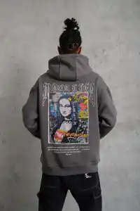 Erkek 3 İplik Pamuklu Kapüşonlu Baskılı Cepli Oversize Sweatshirt Hoodie - Gri