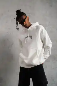 Erkek Baskılı Kapüşonlu ve Kanguru Cepli Sweatshirt hoodie - Beyaz