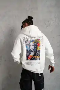 Erkek Baskılı Kapüşonlu ve Kanguru Cepli Sweatshirt hoodie - Beyaz