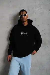 Erkek Baskılı Kapüşonlu ve Kanguru Cepli Sweatshirt hoodie- Siyah