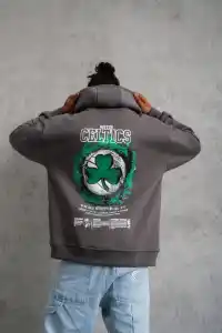Erkek 3 İplik Pamuklu Kapüşonlu Baskılı Cepli Oversize Sweatshirt Hoodie - Gri