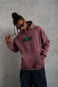 Erkek 3 İplik Pamuklu Kapüşonlu Baskılı Cepli Sweatshirt Hoodie - Gül Kurusu