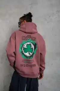 Erkek 3 İplik Pamuklu Kapüşonlu Baskılı Cepli Sweatshirt Hoodie - Gül Kurusu