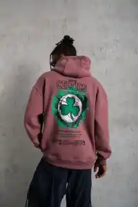 Erkek 3 İplik Pamuklu Kapüşonlu Baskılı Cepli Sweatshirt Hoodie - Gül Kurusu