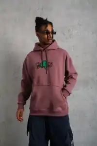 Erkek 3 İplik Pamuklu Kapüşonlu Baskılı Cepli Sweatshirt Hoodie - Gül Kurusu