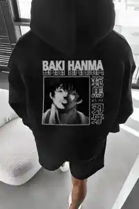 Erkek 3 İplik Pamuklu Kapüşonlu Baskılı Cepli Oversize Sweatshirt Hoodie - Siyah