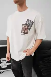 Erkek Yazlık Bisiklet Yaka Baskılı Regular Fit Tişört Kısa Kol T-Shirt - Beyaz