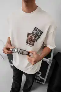Erkek Yazlık Bisiklet Yaka Baskılı Regular Fit Tişört Kısa Kol T-Shirt - Beyaz
