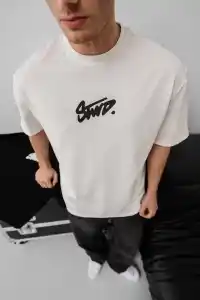 Erkek Tişört Yazlık Baskılı Oversize Kısa kol T-Shirt - Beyaz