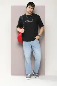 Erkek Baskılı T-Shirt Kısa Kol Bisiklet Yaka Regular Fit Rahat Kalıp Tişört - Siyah