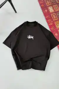 Erkek Kısa Kol Yazlık Tişört Bisiklet Yaka Baskılı Oversize T-Shirt - Siyah