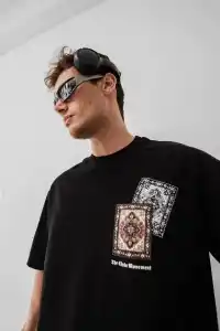 Erkek Yazlık Bisiklet Yaka Baskılı Regular Fit Tişört Kısa Kol T-Shirt - Siyah