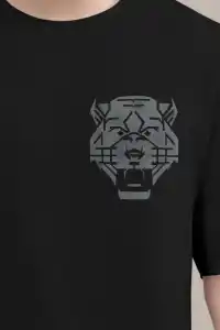 Erkek Kısa Kol Yazlık Tişört Bisiklet Yaka ASLAN Baskılı T-Shirt - Siyah