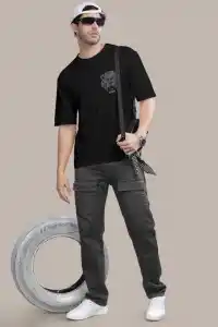 Erkek Kısa Kol Yazlık Tişört Bisiklet Yaka ASLAN Baskılı T-Shirt - Siyah