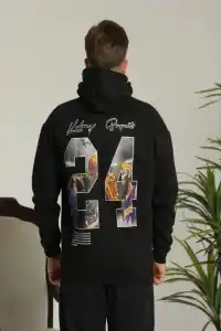 Erkek 3 İplik Pamuklu Kapüşonlu Baskılı Cepli Oversize Sweatshirt Hoodie - Siyah
