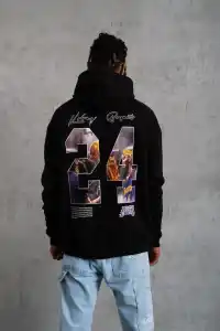 Erkek 3 İplik Pamuklu Kapüşonlu Baskılı Cepli Oversize Sweatshirt Hoodie - Siyah