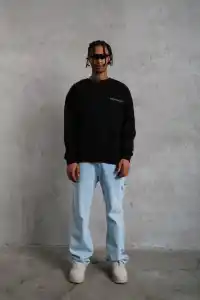 Erkek Bisiklet Yaka Baskılı 3 iplik pamuklu Sweatshirt - Siyah