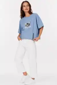 Erkek Baskılı T-Shirt Kısa Kol Bisiklet Yaka Rahat Kalıp Tişört - Mavi