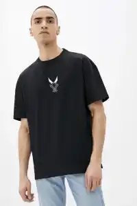Erkek Baskılı T-Shirt Kısa Kol Bisiklet Yaka Rahat Kalıp Tişört - Siyah