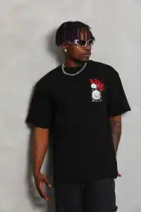 Erkek Kısa Kol Yazlık Tişört Bisiklet Yaka Baskılı Oversize T-Shirt - Siyah