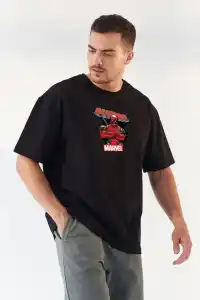 Erkek Baskılı T-Shirt Kısa Kol Bisiklet Yaka Rahat Kalıp Tişört - Siyah
