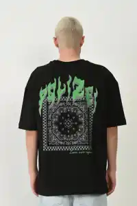 Erkek Baskılı T-Shirt Kısa Kol Bisiklet Yaka Rahat Kalıp Tişört  - Siyah