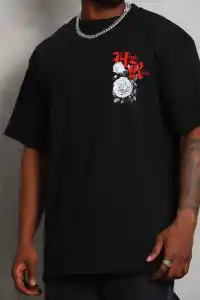 Erkek Kısa Kol Yazlık Tişört Bisiklet Yaka Baskılı Oversize T-Shirt - Siyah