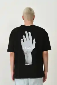Erkek Baskılı T-Shirt Kısa Kol Bisiklet Yaka Rahat Kalıp Tişört - Siyah