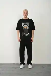 Erkek Baskılı T-Shirt Kısa Kol Bisiklet Yaka Rahat Kalıp Tişört - Siyah