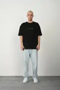 Erkek Baskılı T-Shirt Kısa Kol Bisiklet Yaka Rahat Kalıp Tişört  - Siyah